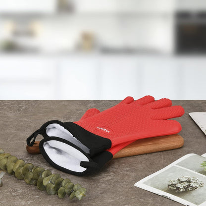Kitchen Oven Gloves - Dual-Layer Heat Resistant Grilling Gloves, Silicone Oven Mitts with 5 Fingers, Waterproof Non-Slip Pot Holder for Barbecue, Cooking, Baking (XL-XXXL, Red Long)