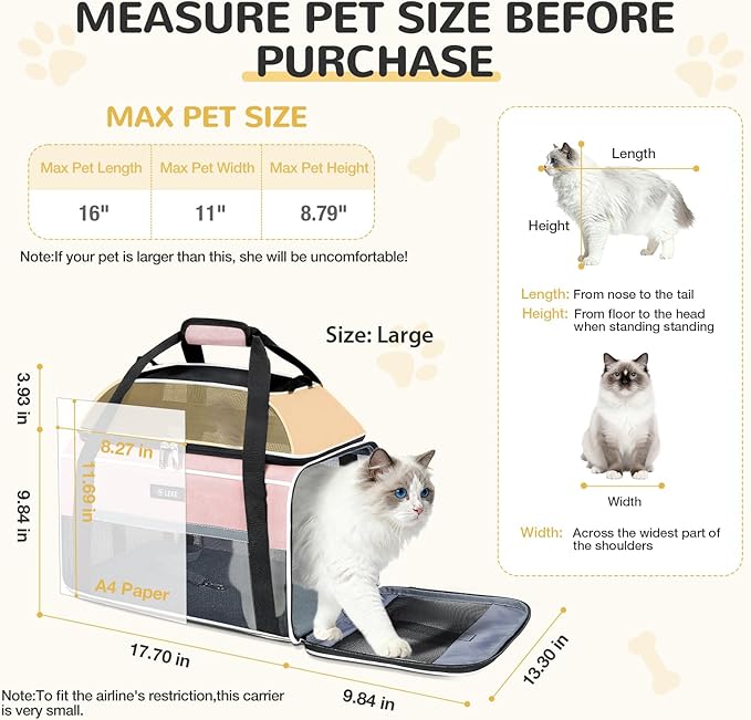 Lekereise Top-Expandable Pet Carrier 18x13x9.5 Inch Southwest Frontier Airline Approved Soft Sided Underseat to 15lbs Travel Carriers for Small Cats Dogs with Locking Safety Zippers Anti-Scratch Mesh