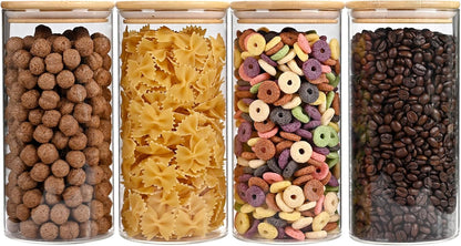 53oz Glass Food Storage Jars, Glass Jars with Bamboo Lids, Kitchen Storage Jars, Set of 4, Canisters with Airtight Lids for Spice, Coffee, Cookie, Pantry Organizers