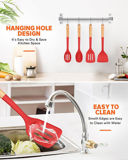 Silicone Cooking Utensils Set, Perfectly Angled for Frying, Mixing,Serving,Draining,Turning and Stirring, BPA-Free Matte Silicone, Wood Handles, Safe for Nonstick Cooking Surfaces,4 Pack (Red)