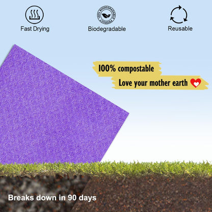 Swedish Dishcloths for Kitchen | 6 Pack Absorbent Cellulose Sponge Cloths Washable | Non-Scratch Reusable Paper Towels Quick Drying Cleaning Cloths - Purple