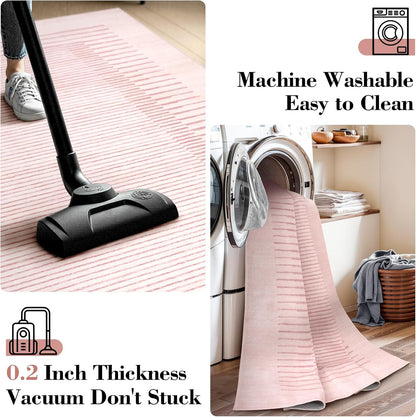 Wonnitar Washable Striped Living Room Area Rug 5x7, Non-Slip Berber Stripe Pink Area Rugs for Bedroom Girls, Low Pile Soft Large Throw Carpet for Kids Nursery Room (Pink,5' x 7')