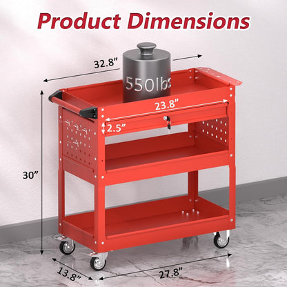 3 Tier Rolling Tool Cart on Wheels, Heavy Duty Service Cart Industrial Utility Cart with Drawer and Screwdriver Rack Pegboard, 550 LBS Mobile Tool Storage Organizer for Garage, Workshop (Red)