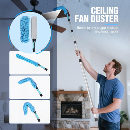 Lineslife Cobweb Duster,Washable Cleaning Duster Kit with Flexible Microfiber Duster Head, 1 * 2-in-1 Window Squeegee, and 1* Ceiling Fan Duster for Home Office Cleaning High Ceilings,Furniture,Roof