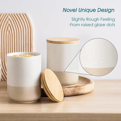 vancasso Sabine Large Ceramic Canister Set with Airtight Wood Lids - 2-Piece Kitchen Food Storage Jars for Flour, Sugar, Coffee & Tea (74 oz Each) - Big Capacity Countertop Jars