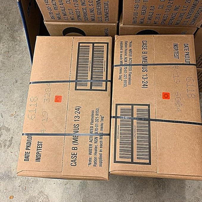 MRE Meals Ready to Eat A and B bundle cases 2025, 2026 inspection. Genuine Military US surplus emergency food bulk supply full box with heater
