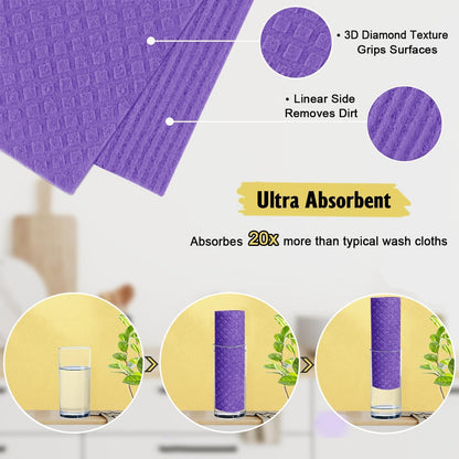 Swedish Dishcloths for Kitchen | 6 Pack Absorbent Cellulose Sponge Cloths Washable | Non-Scratch Reusable Paper Towels Quick Drying Cleaning Cloths - Purple