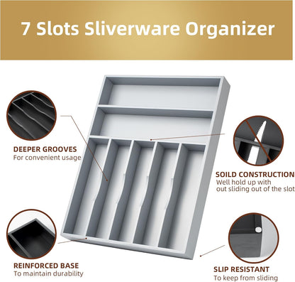 Silverware Organizer 13 Inch Gray Bamboo Kitchen Drawer Organizer 7 Slots Utensil Organizer Silverware Holder Cutlery Organizer Flatware Tray (Large)