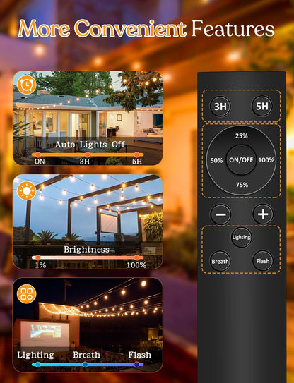 50 FT Outdoor String Lights - LED Waterproof Patio Lights with Dimmer Remote - Edison Bulbs for Porch, Backyard & Cafe/Bistro