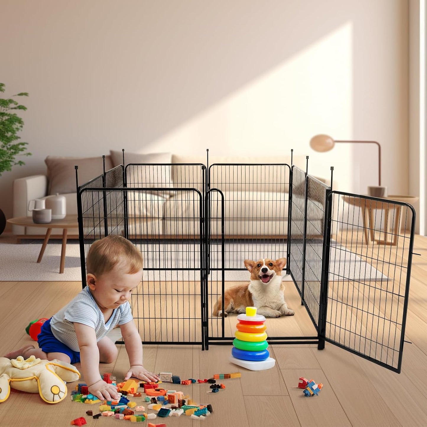 Tall Garden Fence and Borders,Wide Gate Low Threshold Fence Panels, 40in(H) 4 Panels Total 8.9 Ft(L) Animal Barrier Fence, Heavy Metal Dog Fence Outdoor for Yard