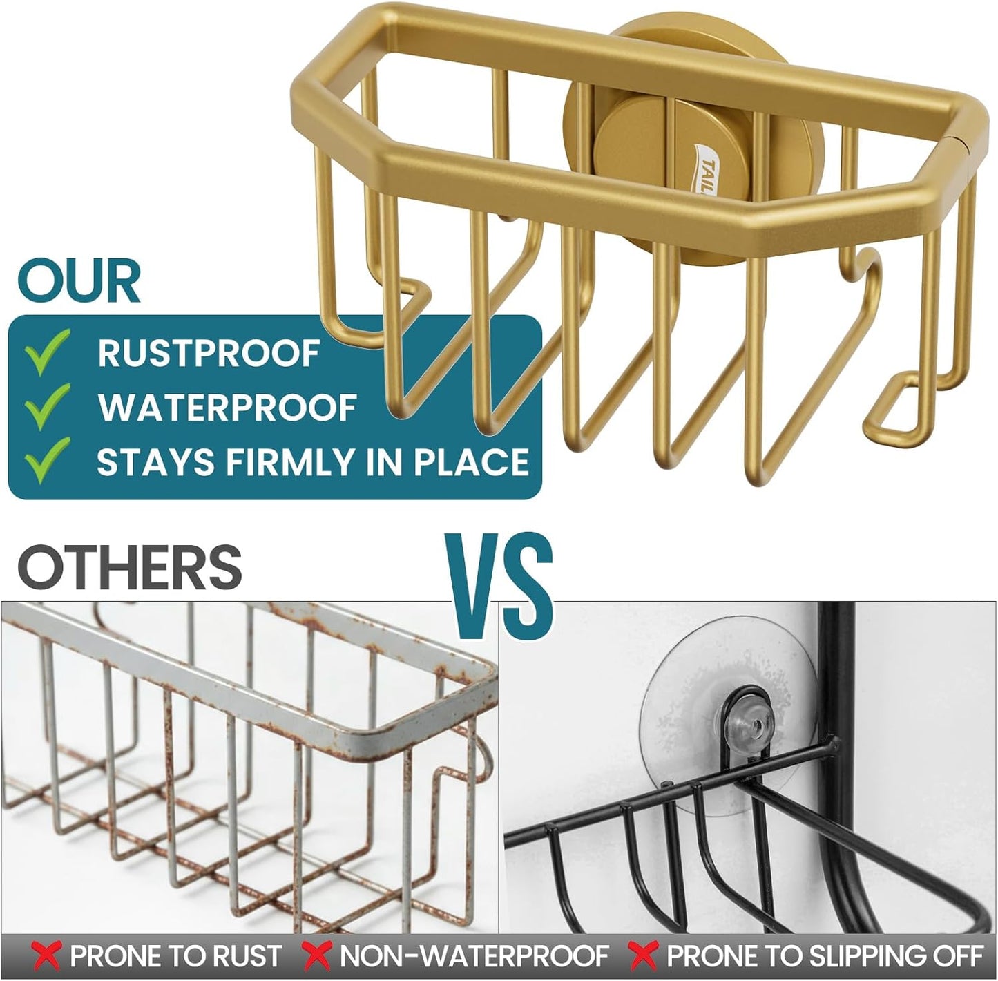 TAILI Sponge Holder for Kitchen Sink with Strong Suction Cup, Rustproof Aluminum Sink Caddy for Sponges, Brushes, Stoppers & Scrapers, Gold