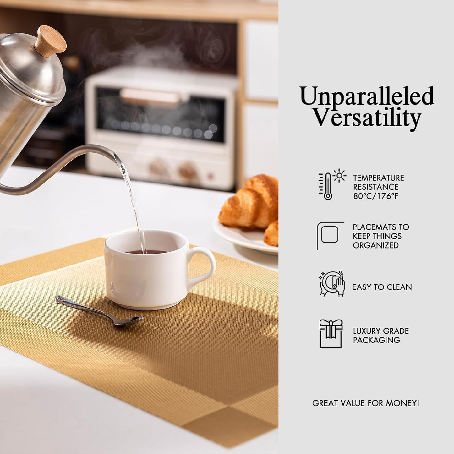 Placemats Set of 8 - Easy Clean Woven Vinyl Placemats for Dining Table, Indoor/Outdoor Place Mats, Washable PVC Table Mats（Gold Cube）