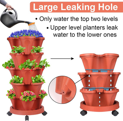 DUNCHATY Stackable Planter with Removable Wheels and Garden Tools, Garden Planting Tower Planters, Indoor Outdoor Gardening Pots - 5 Tier Vertical Planter
