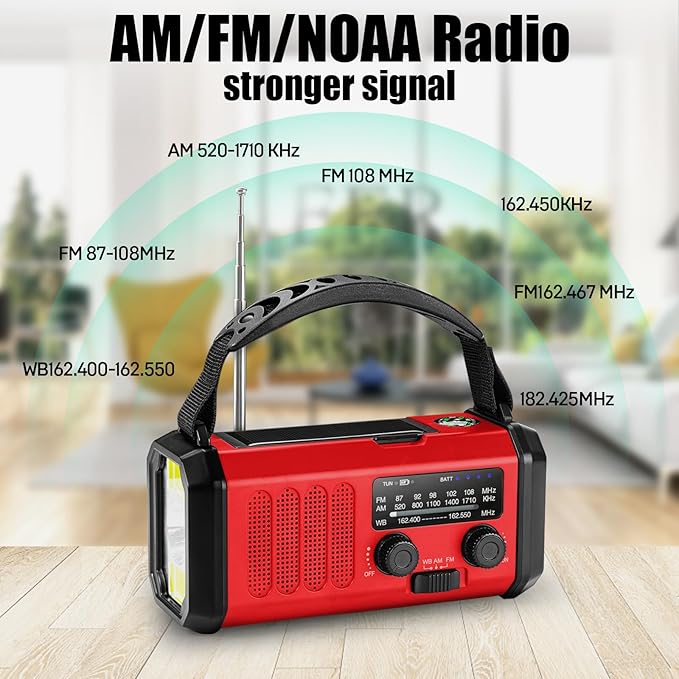 10000mAh Emergency Crank Radio, NOAA/AM/FM Weather Radio, Type-C Charge,Solar Charging,SOS, 3 Modes LED Torch, Reading Lamp, Compass for Outdoor Survival (Red)