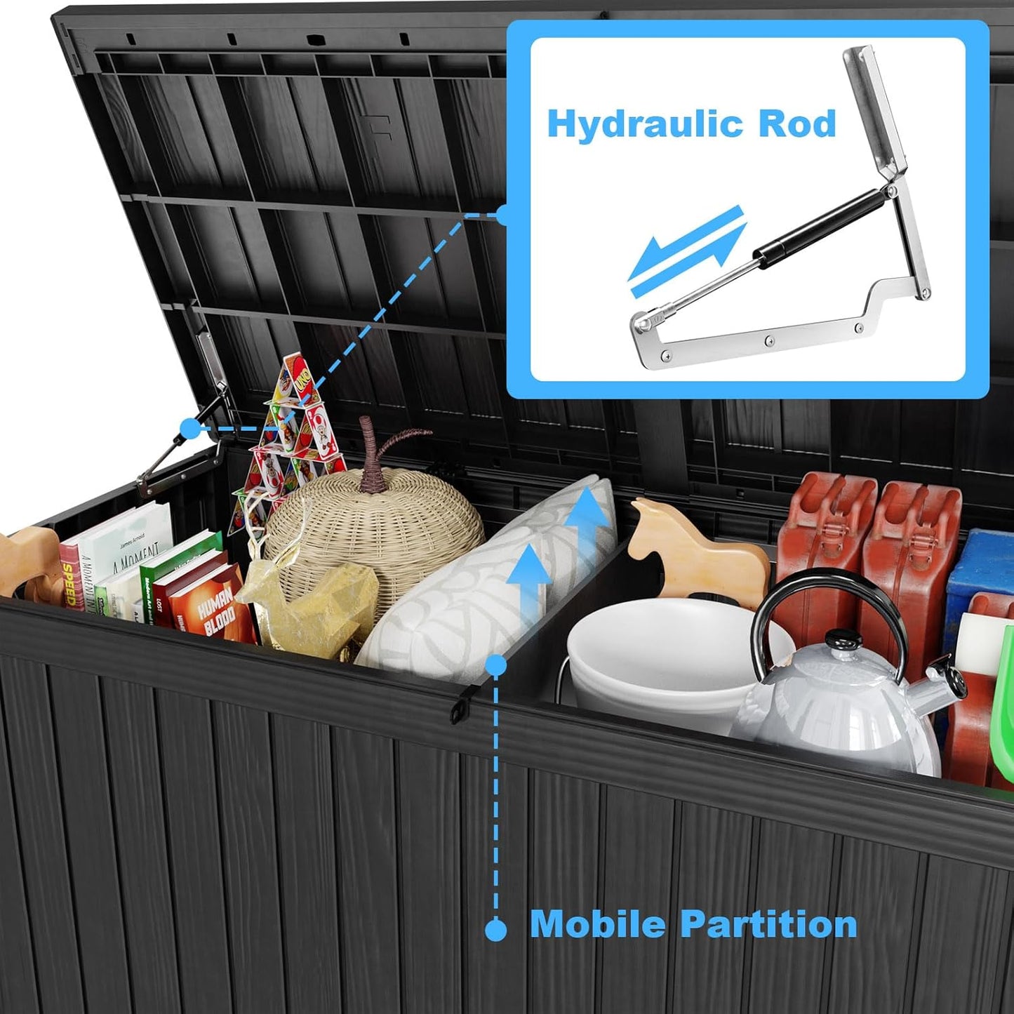 Vixzen 180 Gallon Resin Deck Box, Lockable Outdoor Storage Box for Patio Cushions Storage Furniture,Garden Tools, Pool Supplies, Weatherproof and UV Resistant- Black