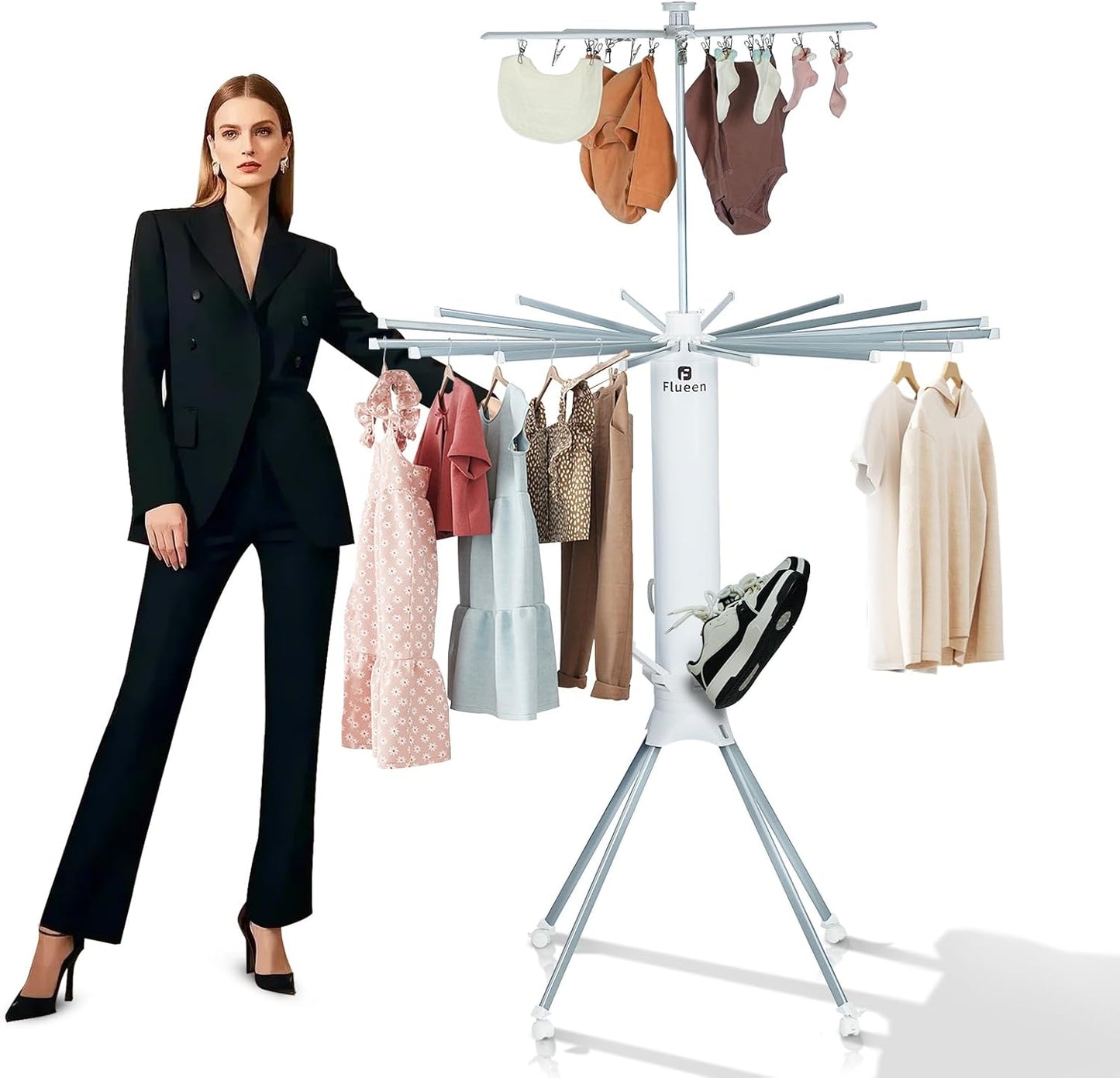 Clothes Drying Rack 2025 Upgrade 4-Legged 3-Tier Foldable Laundry Rack with 4 Pulleys 20 Clips,6 Shoe Dryers 16Drying Rods for Indoor/Outdoor, Camping, Poolside Space Saving, Whit