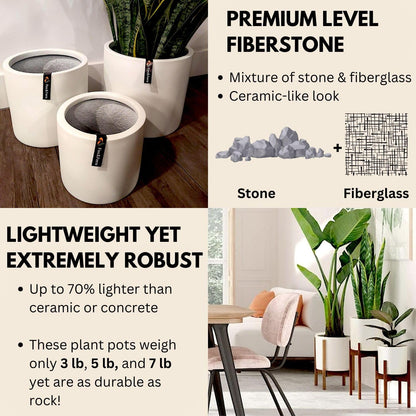 Fox & Fern Matte White Plant Pots with Drainage Plug (Set of 3) — Premium Lightweight Fiberstone 8, 10, and 12 Inch Planters for Indoor and Outdoor Use; Weather Resistant & UV Resistant