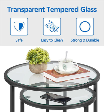 Yaheetech Round Nesting End Table Set of 2,Stacking Side Tables,Coffee Tables Set w/Metal Frame & Glass Top & Protective Foot Pads for Small Space, Living Room, Office- Black