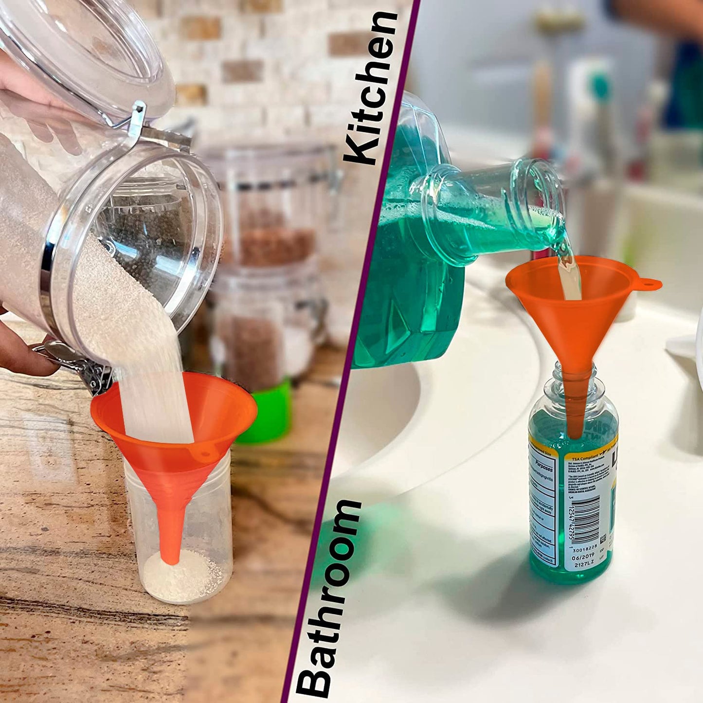 Oil Funnel Set (Orange, 4-Pack) – Plastic Funnels for Automotive Use – Funnels for Kitchen Use Filling Bottles and containers – Funnel for Water Bottles, Gas, Car Oil, Lubricants and Fluids