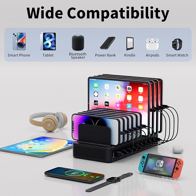 60W Charging Station for Multiple Devices, 10-Port USB Fast Charging Station with Adjustable Dividers - Device Organizer Charging Dock for iPhone, Android, iPad, Tablets & More