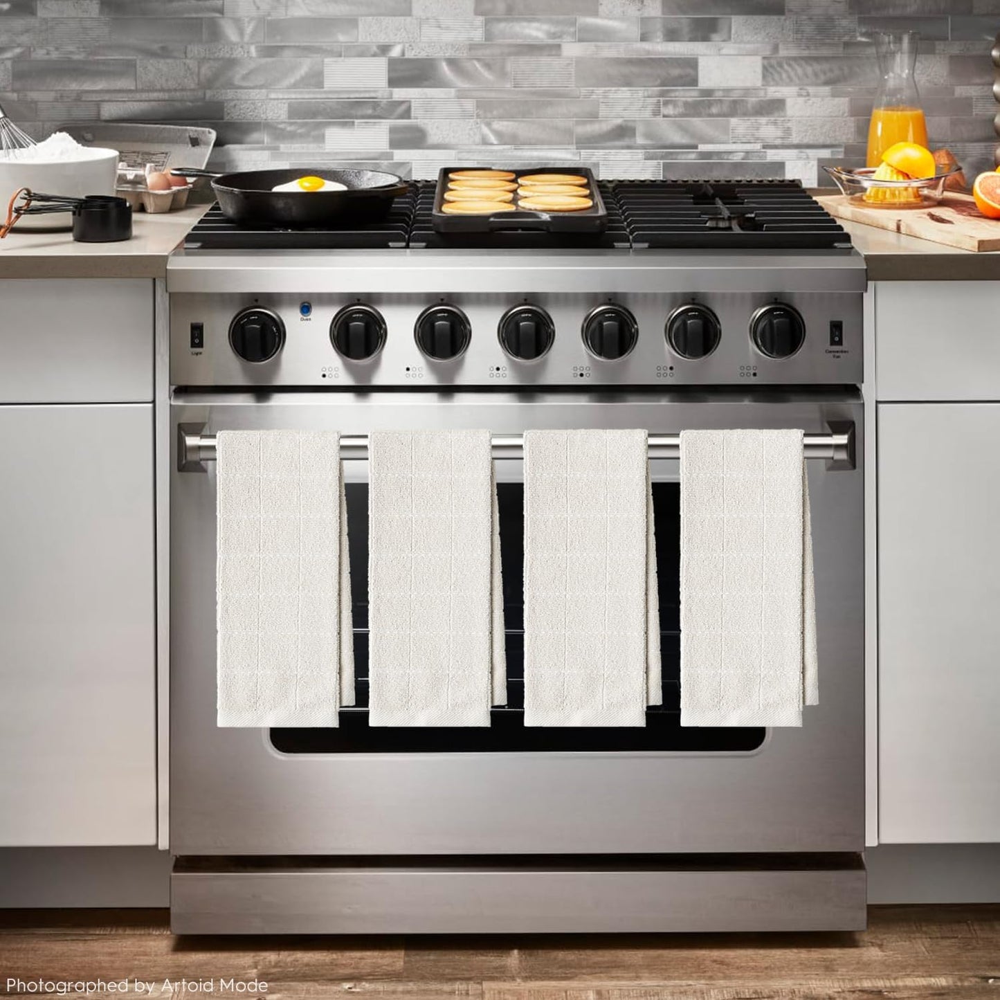 Artoid Mode Checkered Designed Cotton Beige Terry Kitchen Dish Towels, 15x25 Inch Soft Absorbent Quick Drying Family Cleaning Tea Towels Set of 4