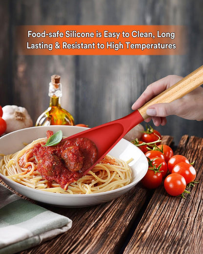Multifunction Spatula Spoon for Nonstick Cookwares, Great for Cooking and Serving, Sturdy BPA-Free Matte Silicone, Wood Handle Spatula for Mixing, Scoop, and Scrape, Red(2 pack,11.4" & 13.4")