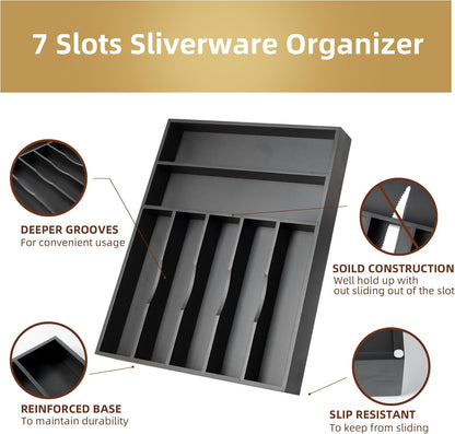 Silverware Organizer Kitchen Drawer Organizer Utensil Organizer Bamboo Silverware Holder Cutlery Organizer in Drawer Flatware Organizer Tray(7 slots, Black