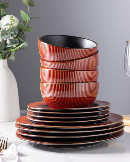 GBHOME Ceramic Dinnerware Sets,12 pcs Embossed Elegant Stoneware Plates and Bowls Sets, Housewarming Wedding Gift | Dishwasher & Microwave Safe | Dishes Set Service for 4