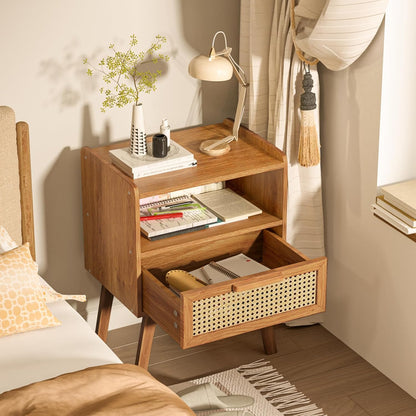 Lerliuo Rattan Nightstand, Side Table with Drawer Open Shelf, Cane Accent Bedside End Table with Solid Wood Legs, Mid Century Modern Night Stand for Bedroom, Dorm and Small Spaces (Tea Brown)