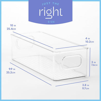 Plastic Food Storage Clear Container Bin with Handles for Organizing Kitchen, Pantry, Refrigerator, Freezer, Pantry, Cabinet, Closet, Bathroom. 10"X4"3"