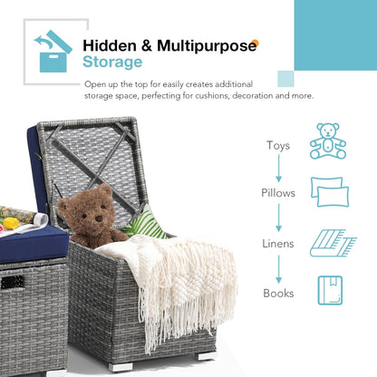 Patiorama 2 Piece Outdoor Patio Ottomans,All-Weather Grey PE Rattan Wicker Ottoman with Storage,Outdoor Footrest Footstool Seat w/Thick Cushion,Built-in Handle for Backyard Poolside Porch (Navy Blue)