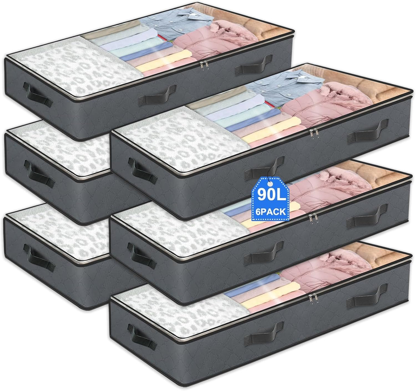 6 Pack Under Bed Storage Containers, 90L Collapsible Closet Organizers and Storage Bins, Underbed Storage Bags for Wrapping Paper, Blanket, Towels, Clothes, Comforter, Sweaters, Linen Sheets