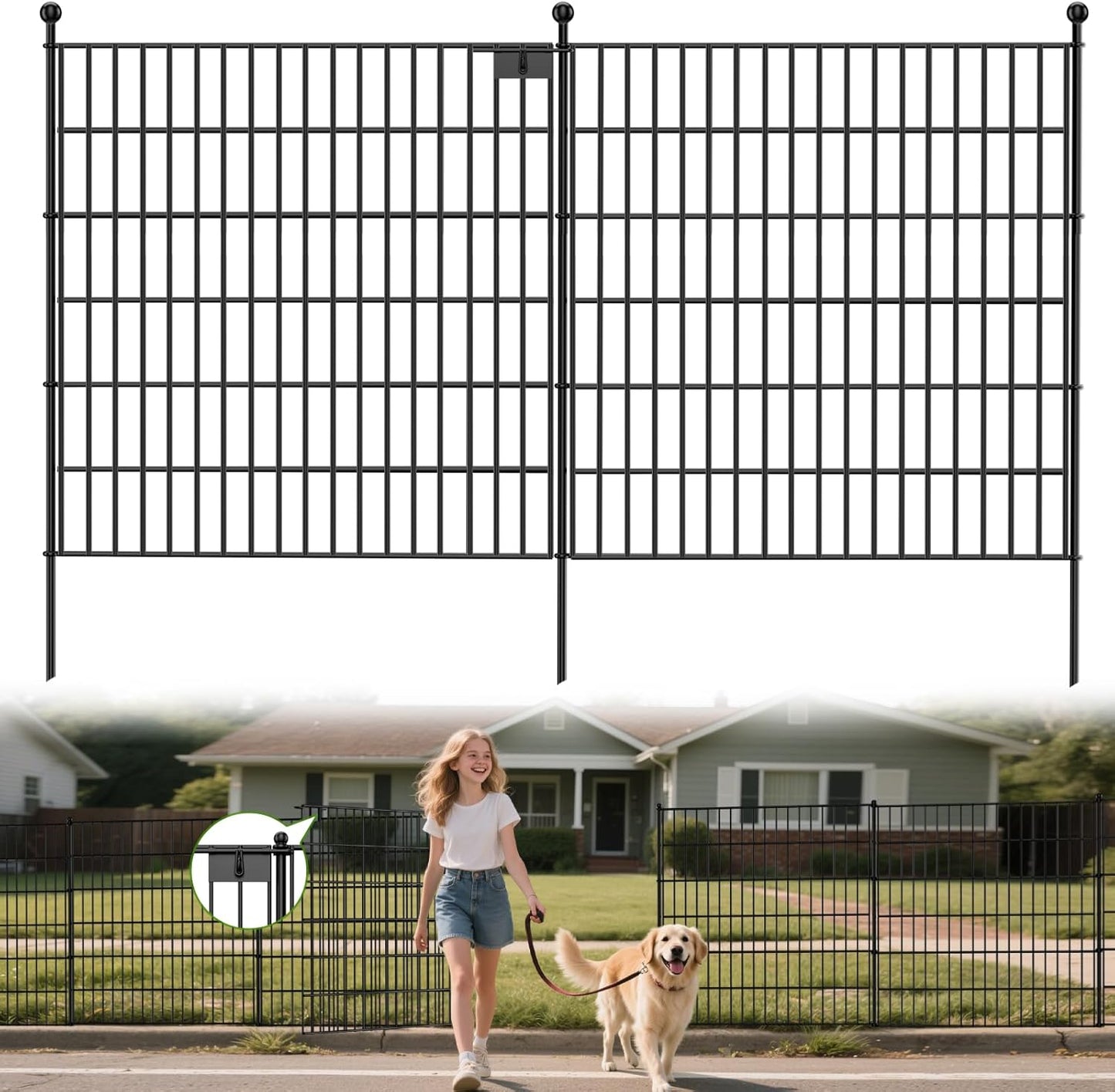 Land Guard 20 Panels No Dig Decorative Garden Fence with Gate for Yard, 30 in(H) x 50 ft(L) Removable Dog Fence Outdoor for Yard, Rustproof Metal Animal Barrier Ground Stakes