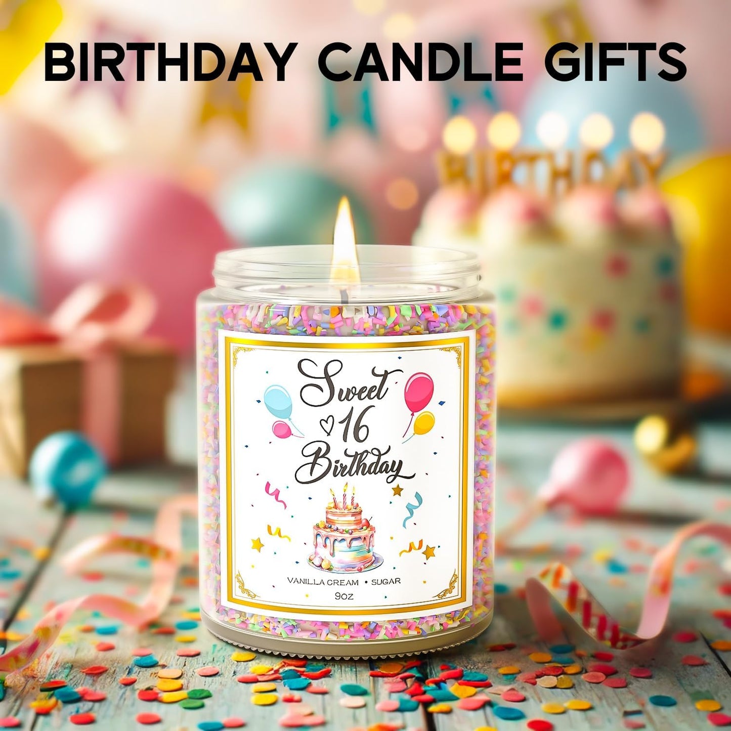 Sweet 16 Birthday Candles for Women - 9 oz Happy Birthday Candle with Vanilla Birthday Cake Scent, Gifts for Women & Men, Friendship Ideas