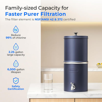 Waterdrop 2.25G Gravity Water Filter System, NSF/ANSI 42&371 Standard, Stainless Steel System with 2 Carbon Filters, Reduces 99% of Lead and Chlorine for Home, Camping, Emergencies, King Tank, Blue