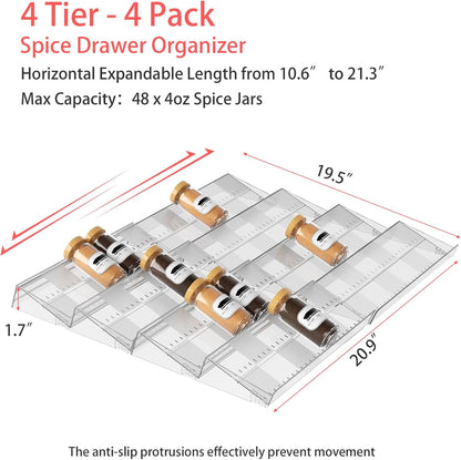 4-Tier Non-Slip Spice Drawer Organizer, 4-Pack Checkered Frosted Clear Acrylic, Expandable (11''-22'') Spice Rack for Kitchen Drawer Storage – Holds Seasonings, Herbs, and Spices (Jars Not Included)