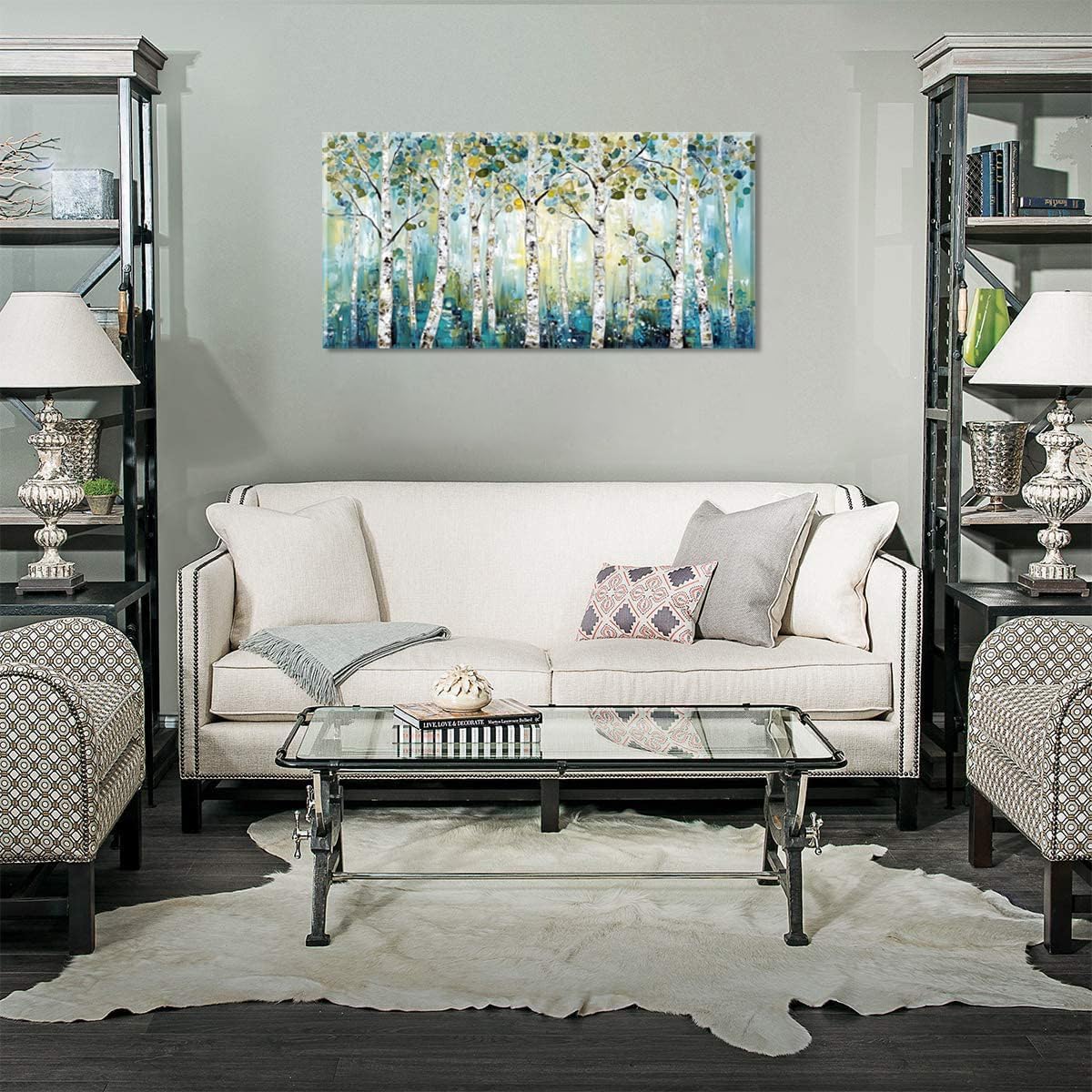 LASMOND Abstract Teal Grove Canvas Paintings Prints Modern Tree Wood Artwork Decor Wall Art for Living Room Bedroom Offices (30x16 Inches)