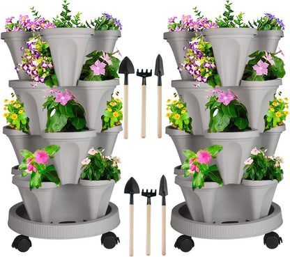 DUNCHATY Stackable Planter, Vertical Garden Planter with Wheels and Tools, Self Watering Strawberry Planter Indoor/Outdoor 4 Tier Herb Planter Pots for Growing Vegetables and Succulents,Gray