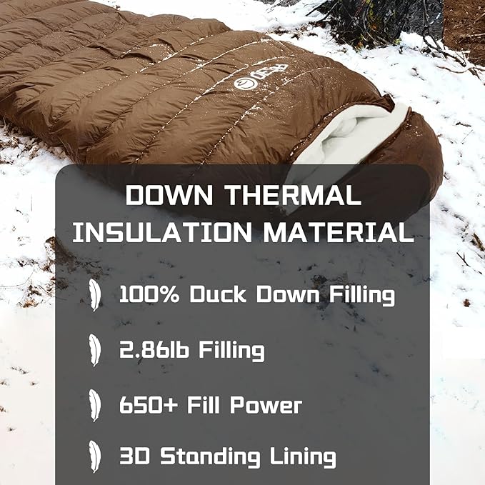 0 Degree Sleeping Bag for Adults 650 Fill Power Down Sleeping Bag for Cold Weather -20F / -8F / 0F / 10F Large Lightweight