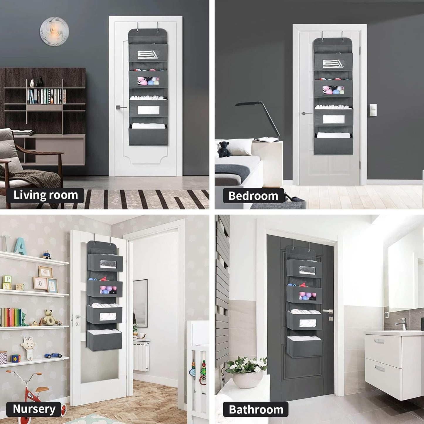 MAX Houser 4-Shelf Over The Door Hanging Organizer with 2 Metal Hooks,4 Pocket Over The Door Wall Mount Storage with Clear Windows for Baby Nursery Bathroom Closet,Bedroom,Dorm,Diapers,Kids Toys(Gray)