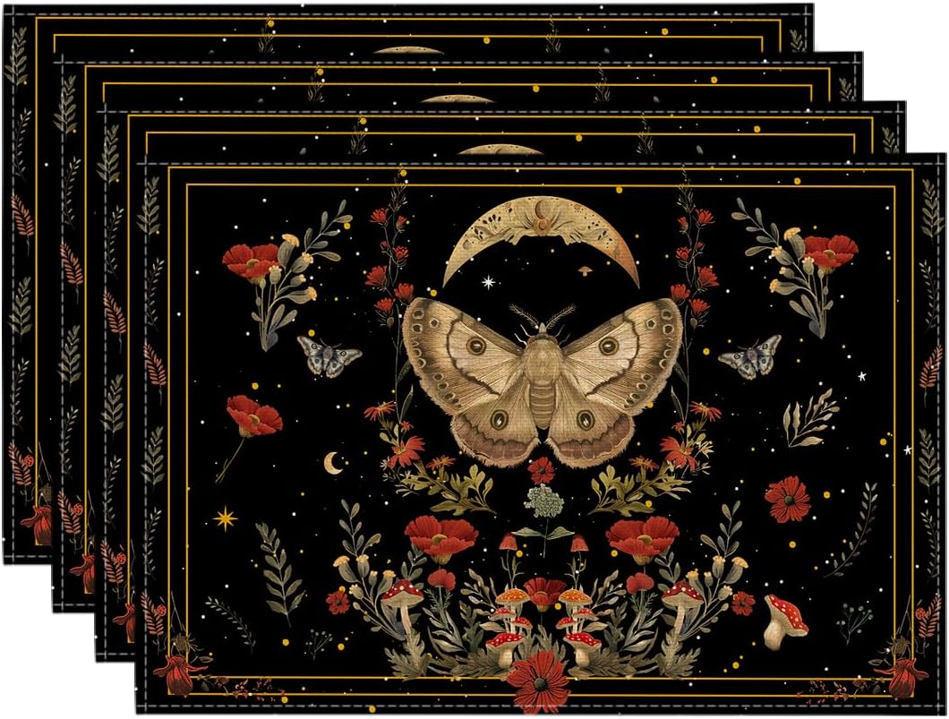 Artoid Mode Black Poppy Moth Moon Placemats Set of 4, 12x18 Inch Floral Spring Table Mats for Outdoor Home Party Kitchen Dining Decor