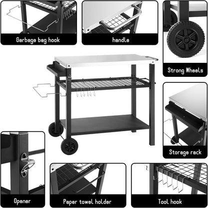 Dining Cart Table with Three Shelf, Movable Outdoor BBQ Grill Table Pizza Oven Stand with Three Hooks, Kitchen Cart Island Multifunctional Food Prep Table for Inside and Outside (Sliver)