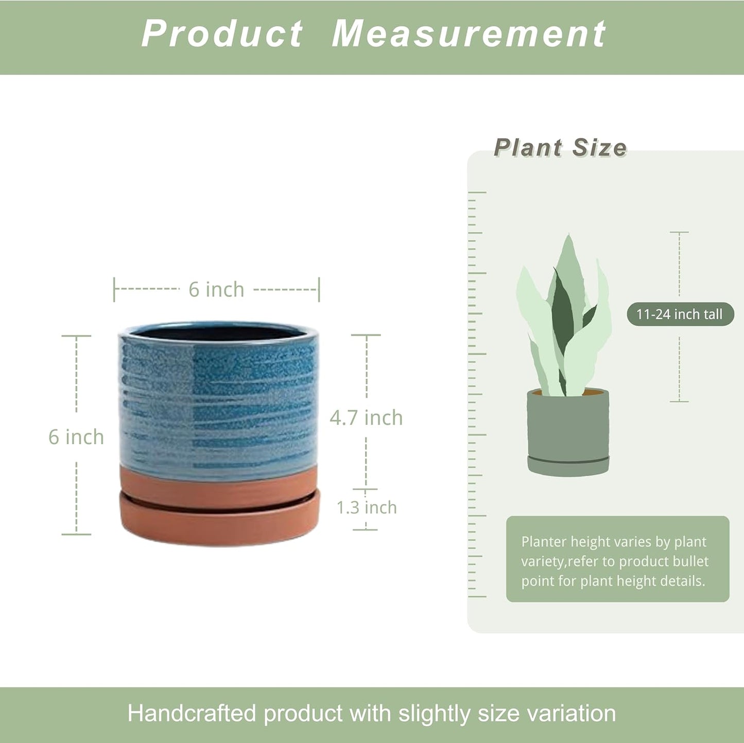6 Inch Plant Pots, Ceramic Planter Pot with Drainage Hole & Saucer, Indoor/Outdoor Cylinder Round Planter Pot, Aqua Blue & Terracotta Red