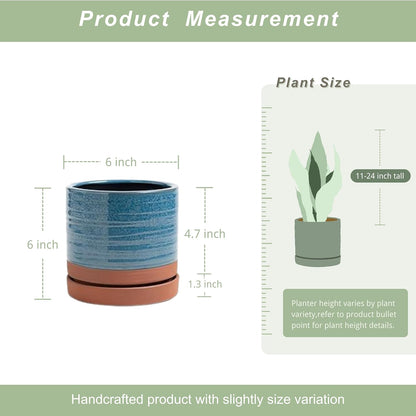 6 Inch Plant Pots, Ceramic Planter Pot with Drainage Hole & Saucer, Indoor/Outdoor Cylinder Round Planter Pot, Aqua Blue & Terracotta Red