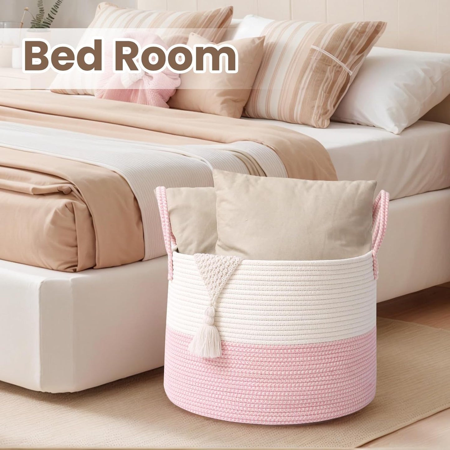 Woven Blanket Basket,65L Large Rope Storage Bin with Handles, Organizer for Blankets Toys Book and Clothes, Laundry Basket for Living Room Bedroom Nursery,White&Pink
