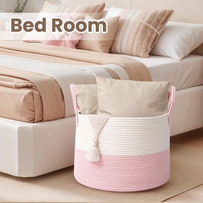 Woven Blanket Basket,115L Large Rope Storage Bin with Handles, Organizer for Blankets Toys Book and Clothes, Laundry Basket for Living Room Bedroom Nursery,White&Pink