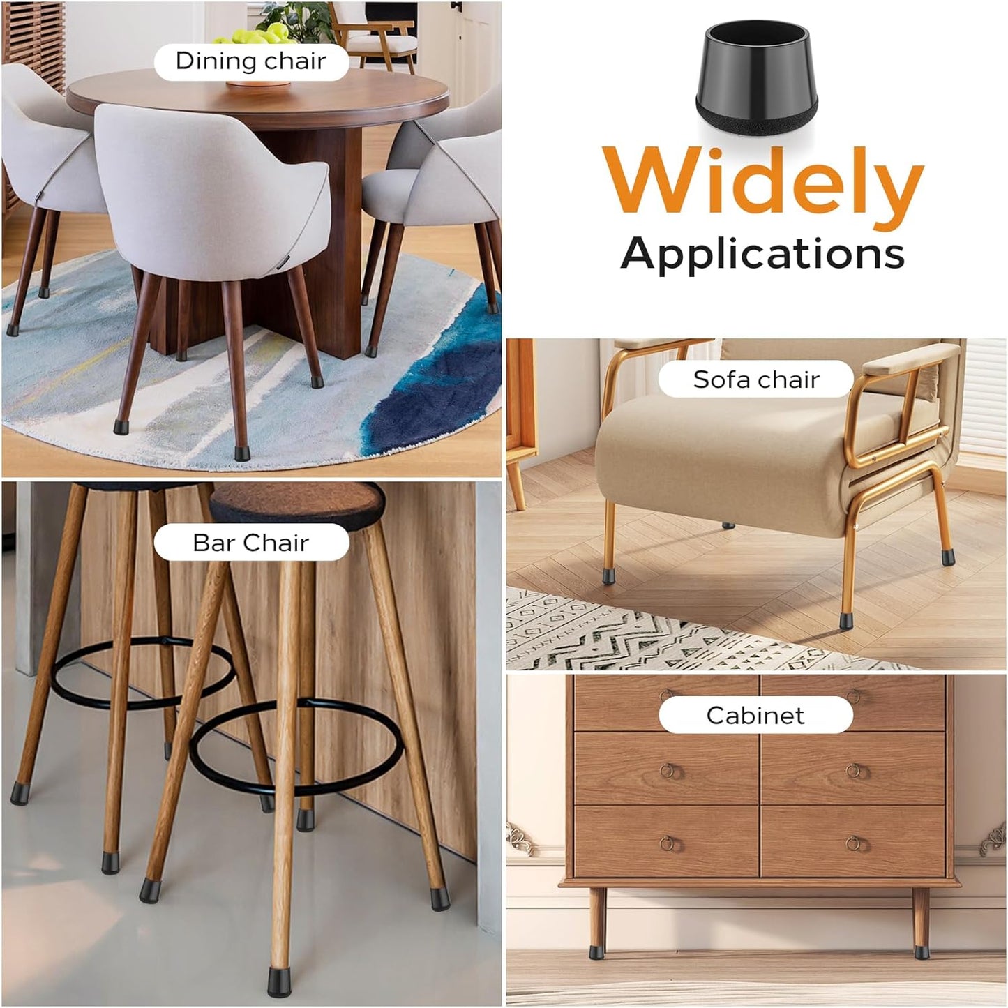 24 PCS Silicone & Felt Chair Leg Floor Protectors for Hardwood Floors - Furniture Pads, Chair Leg Covers/Cups - No Noise & Scratch-Proof - Round L (Fits 1 3/16"-1 6/16" / 30-35mm), Black