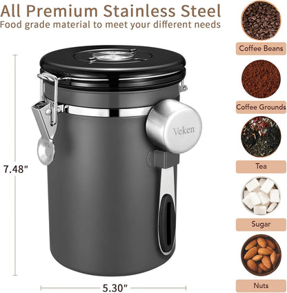 Veken Coffee Canister, Airtight Stainless Steel Kitchen Food Storage Container with Date Tracker and Scoop for Grounds Coffee, Beans, Tea, Flour, Cereal, Sugar, Cookies Jars, 22OZ Gray