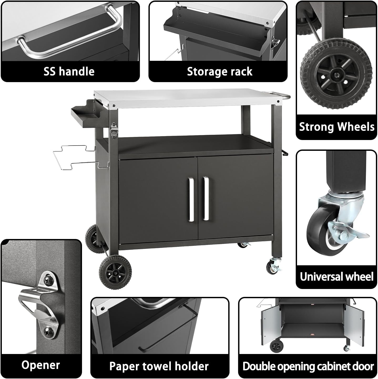 Grill Cart Table with Big Storage Cabinet, Movable Outdoor Dining Cart Pizza Oven Stand, Kitchen Cart Island Multifunction Food Prep Table Stainless Steel Surface