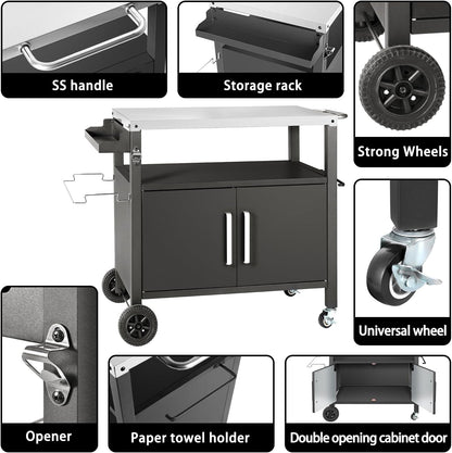 Grill Cart Table with Big Storage Cabinet, Movable Outdoor Dining Cart Pizza Oven Stand, Kitchen Cart Island Multifunction Food Prep Table Stainless Steel Surface